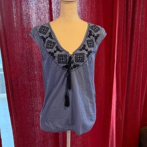 Banana Republic Blue Embroidered V-Neck Top with Black Tassel